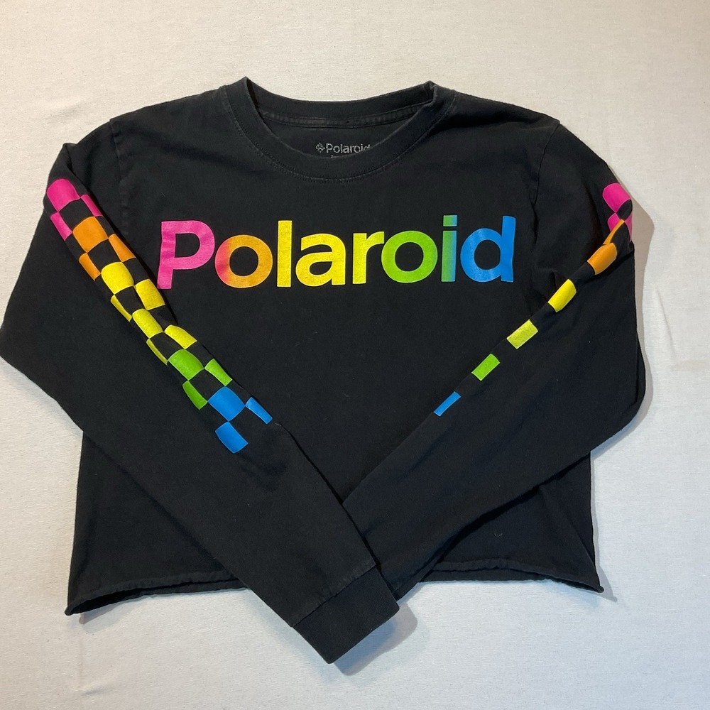 Polaroid Black Crop Top T-Shirt, Long Sleeves Size S Retro Rainbow Colorful